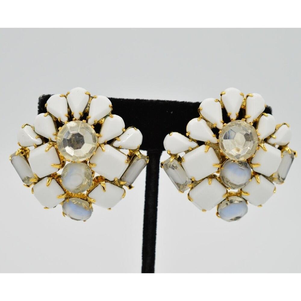 Vintage Crystal Cabochon Clip Earrings Milk White Prong Rhinestone Chunky BnS